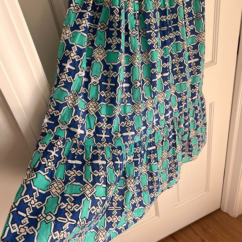 Ro’s Garden Blue & Green Geometric Print Dress – Ruffle Sleeve – Size Small - Picture 4 of 7